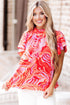 Artistic Muse Abstract Print Ruffle Cascade Mock Neck Blouse